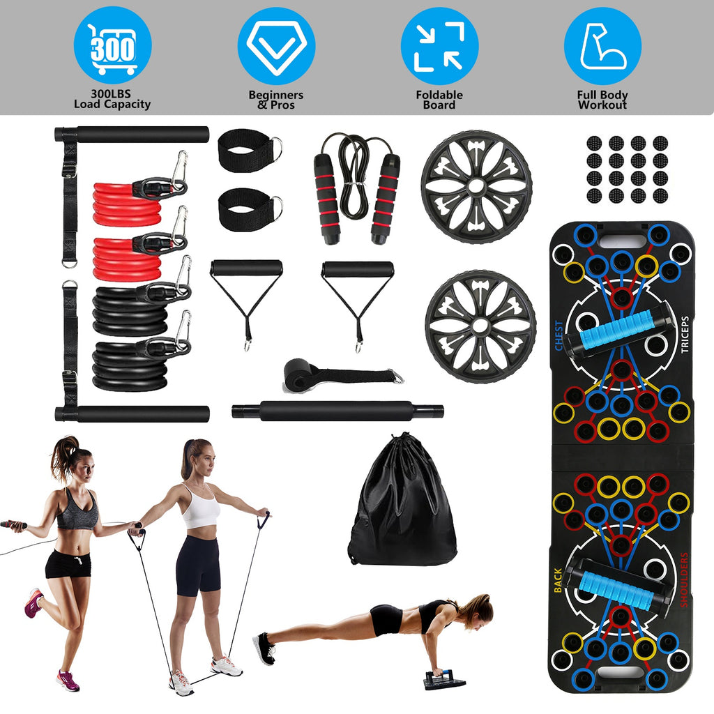 Multifunctional Push Up Board Home Strength Training Equipment With 15 Fitness Accessories Pilates Bar Resistance Band Roller Wheel Full Body Workout Home Gym Equipment